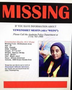 This is the flier that friends and family posted when Yeweinishet "Weini" Mesfin, a night janitor at Disneyland Resort, went missing in late 2016. Mesfin was homeless and living out of her car, a secret she kept from family and coworkers. She died in her car and her body was not found for 20 days. (Courtesy of Mindy Martin)
