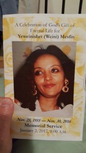 A memorial card for Yeweinishet "Weini" Mesfin, a night janitor at Disneyland Resort, shows her in happier days. Mesfin was homeless and living out of her car, a secret she kept from family and coworkers. She died in her car in late 2016. (Photo courtesy of Mindy Martin)